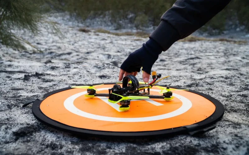 a person holding a remote control helicopter on top of a field